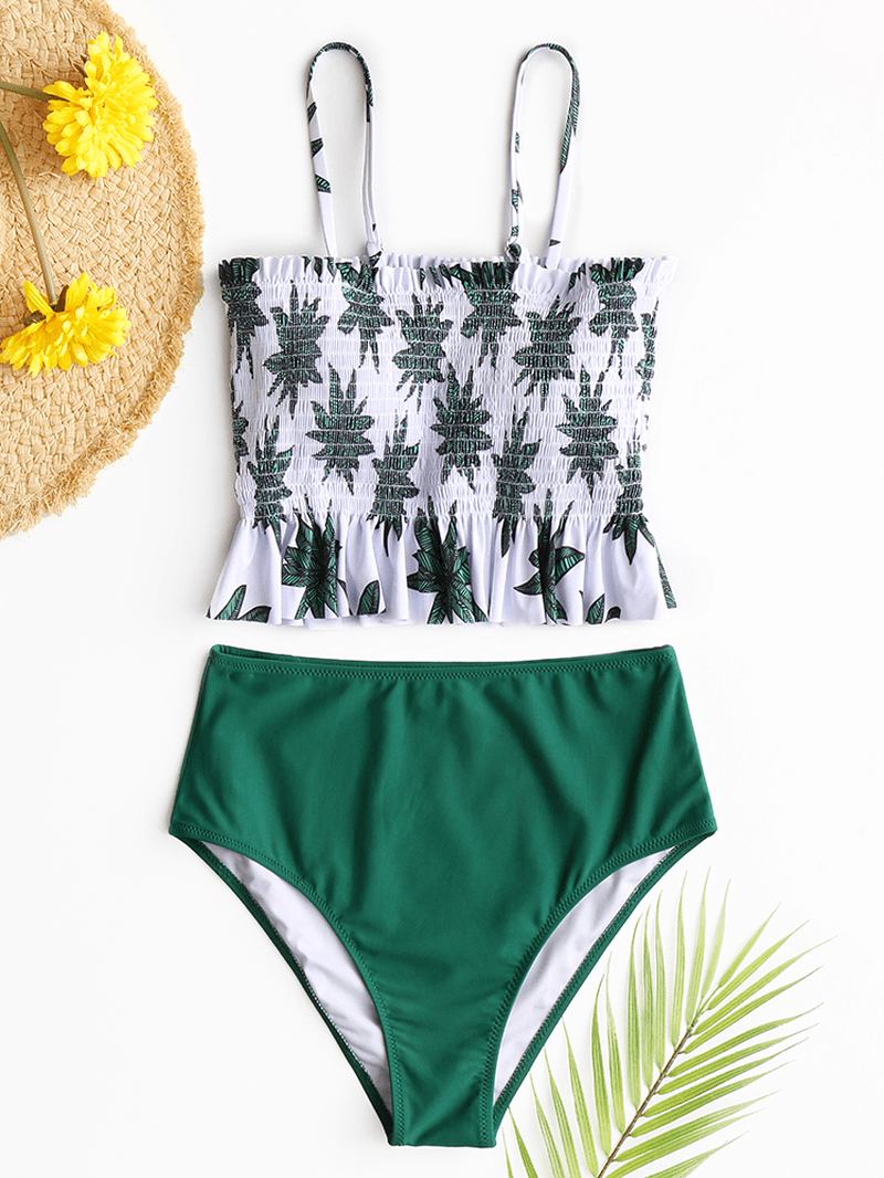 Hawaii Style Dam Tropical Leaves Med Tryck Volanger Hem Beach High Waist Bikini