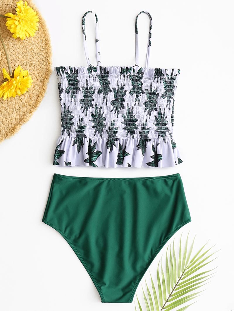 Hawaii Style Dam Tropical Leaves Med Tryck Volanger Hem Beach High Waist Bikini