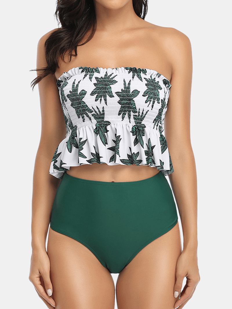 Hawaii Style Dam Tropical Leaves Med Tryck Volanger Hem Beach High Waist Bikini