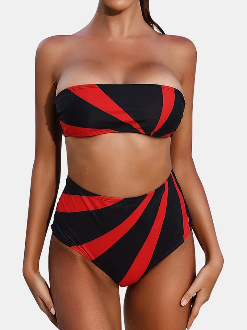 Kvinnor Färg Block High Waist Bikini Bandeau Axelbandslösa Badkläder