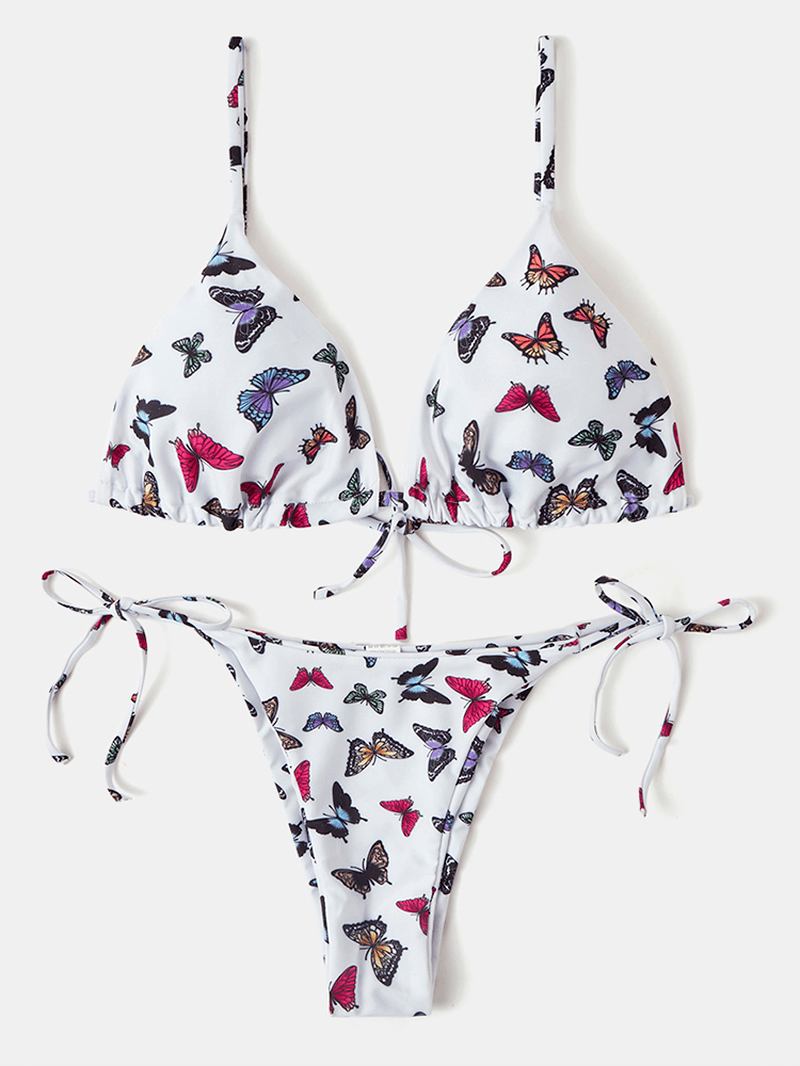 Kvinnor Färgglada Butterfly Med Tryck Spaghetti Straps Backless Thong Bikinis