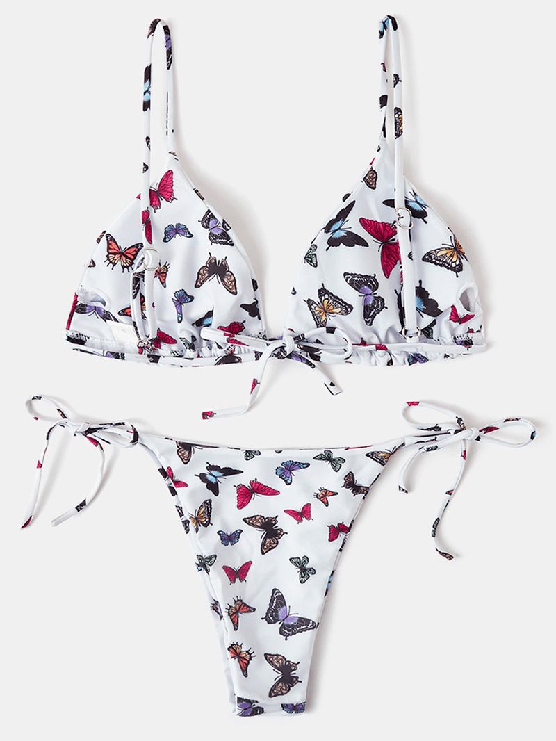 Kvinnor Färgglada Butterfly Med Tryck Spaghetti Straps Backless Thong Bikinis