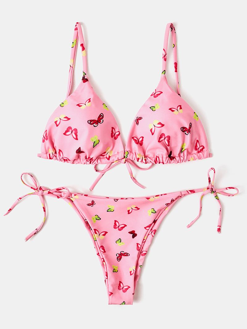 Kvinnor Färgglada Butterfly Med Tryck Spaghetti Straps Backless Thong Bikinis