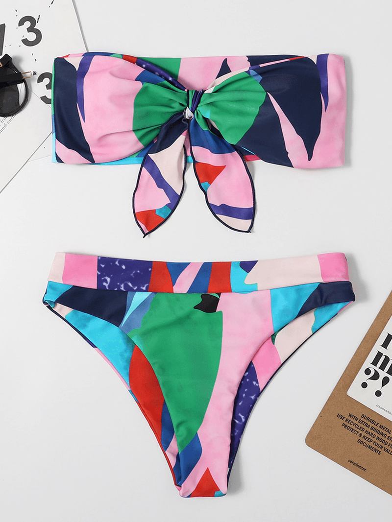 Kvinnor Färgglada Tryck Tie Front Bandeau Axelbandslösa Bikinis Med Stringtrosa