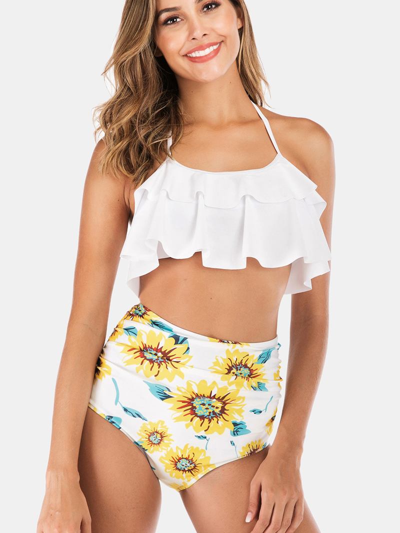 Kvinnor Halter String Topp Blommönster Hög Midja Badkläder Bikini