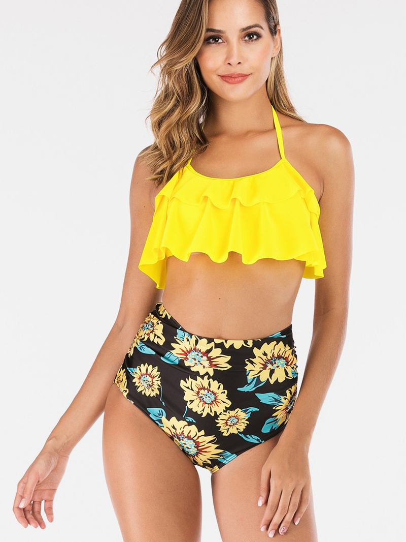 Kvinnor Halter String Topp Blommönster Hög Midja Badkläder Bikini