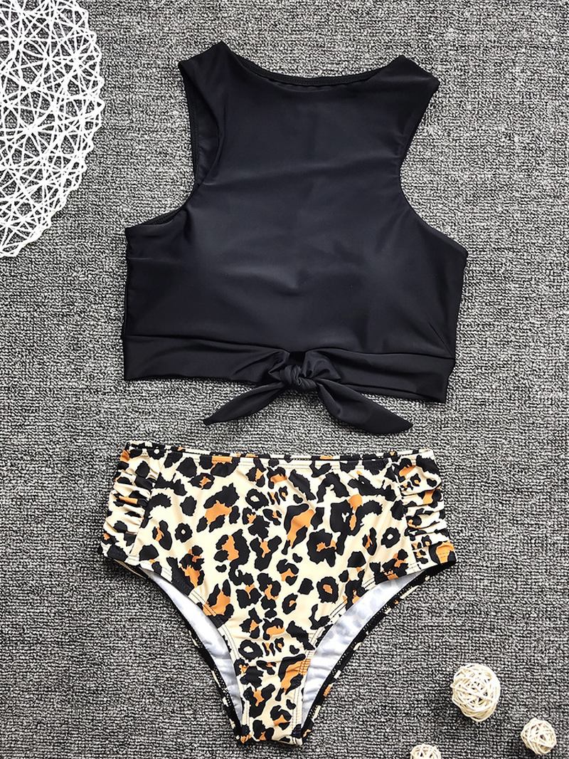 Kvinnor Leopard Med Tryck Tie Front High Neck Hot High Waist Bikini