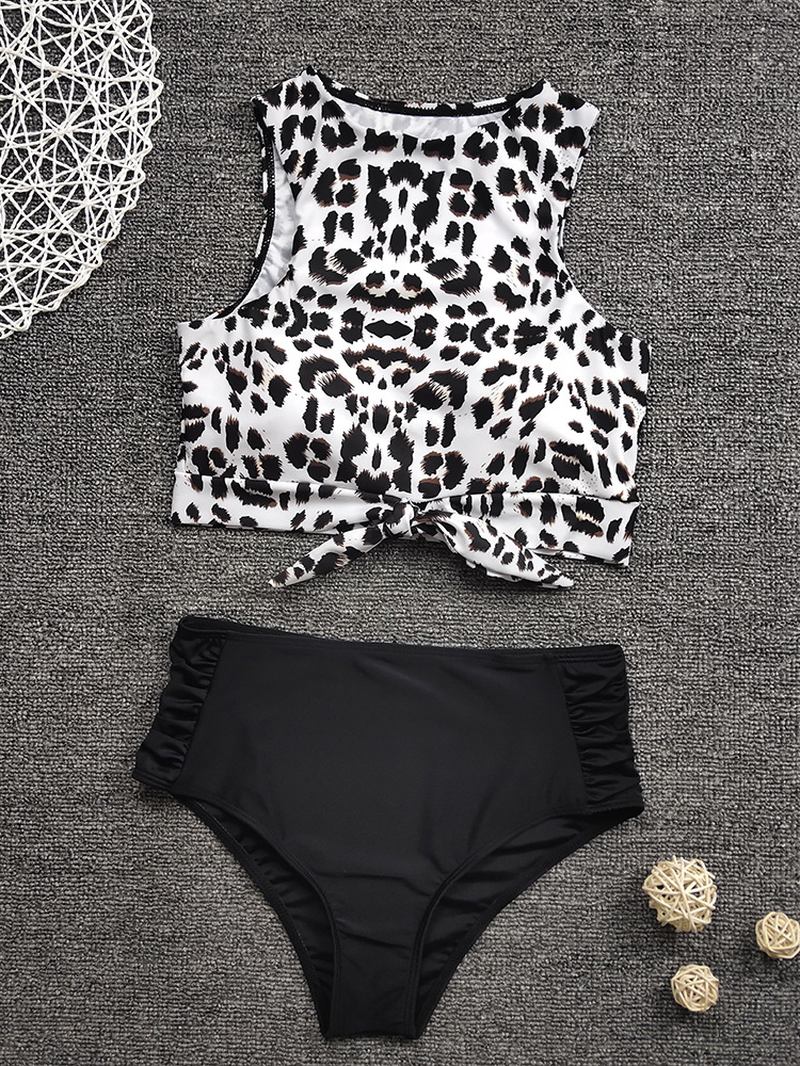 Kvinnor Leopard Med Tryck Tie Front High Neck Hot High Waist Bikini