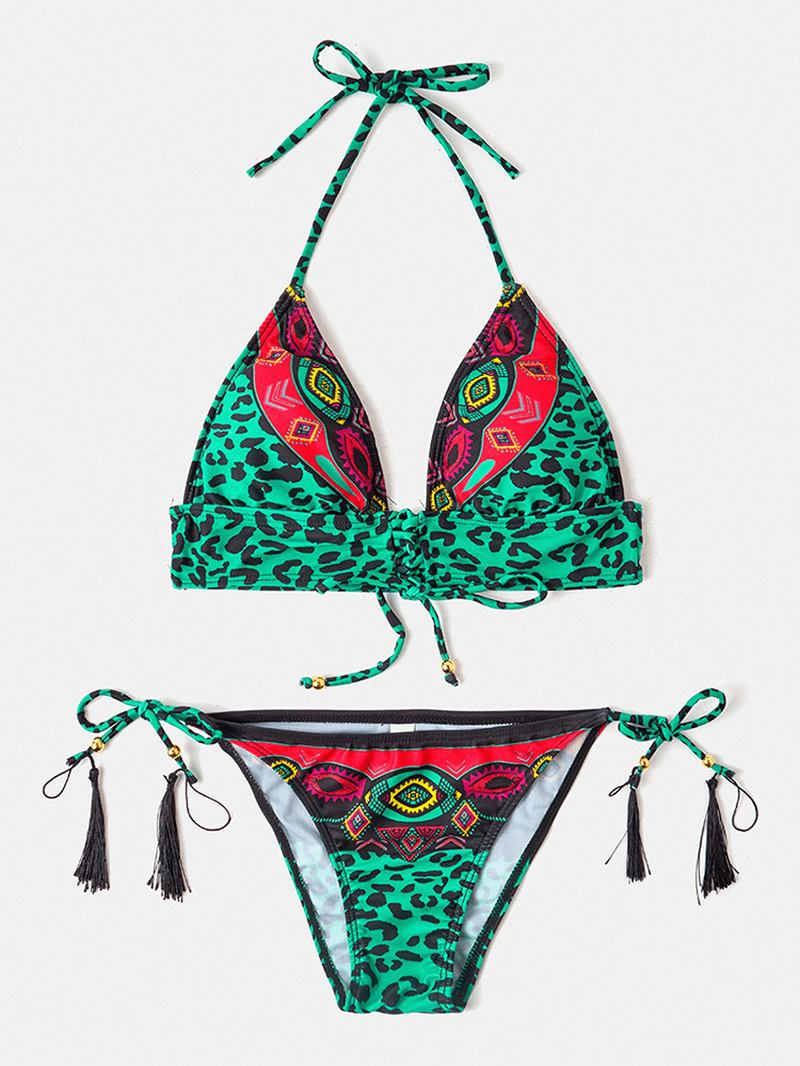 Kvinnor Leopard Patchwork Etniskt Tryck Halter String Bikini Rygglösa Badkläder