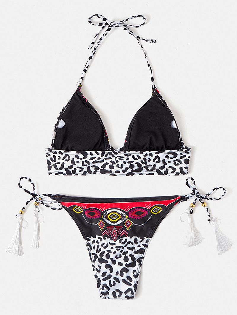 Kvinnor Leopard Patchwork Etniskt Tryck Halter String Bikini Rygglösa Badkläder