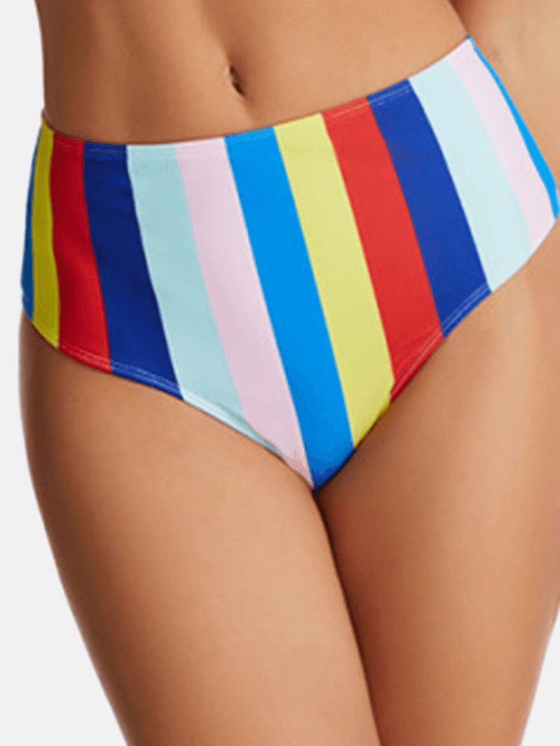 Kvinnor Multicolor Stripe Vik Veckade Breda Remmar Bikinisbaddräkt Med Hög Midja