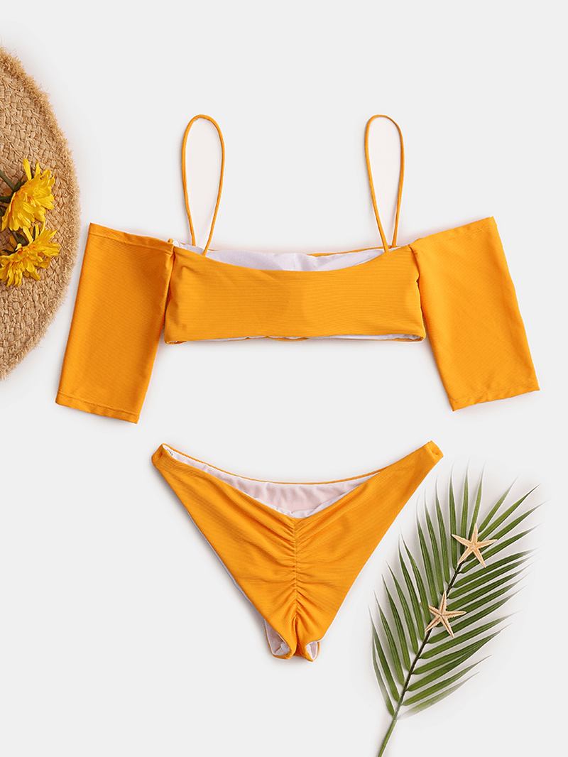 Kvinnor Off Shoulder Kortärmad Baddräkt Enfärgad Bikini