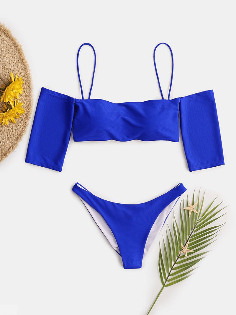 Kvinnor Off Shoulder Kortärmad Baddräkt Enfärgad Bikini