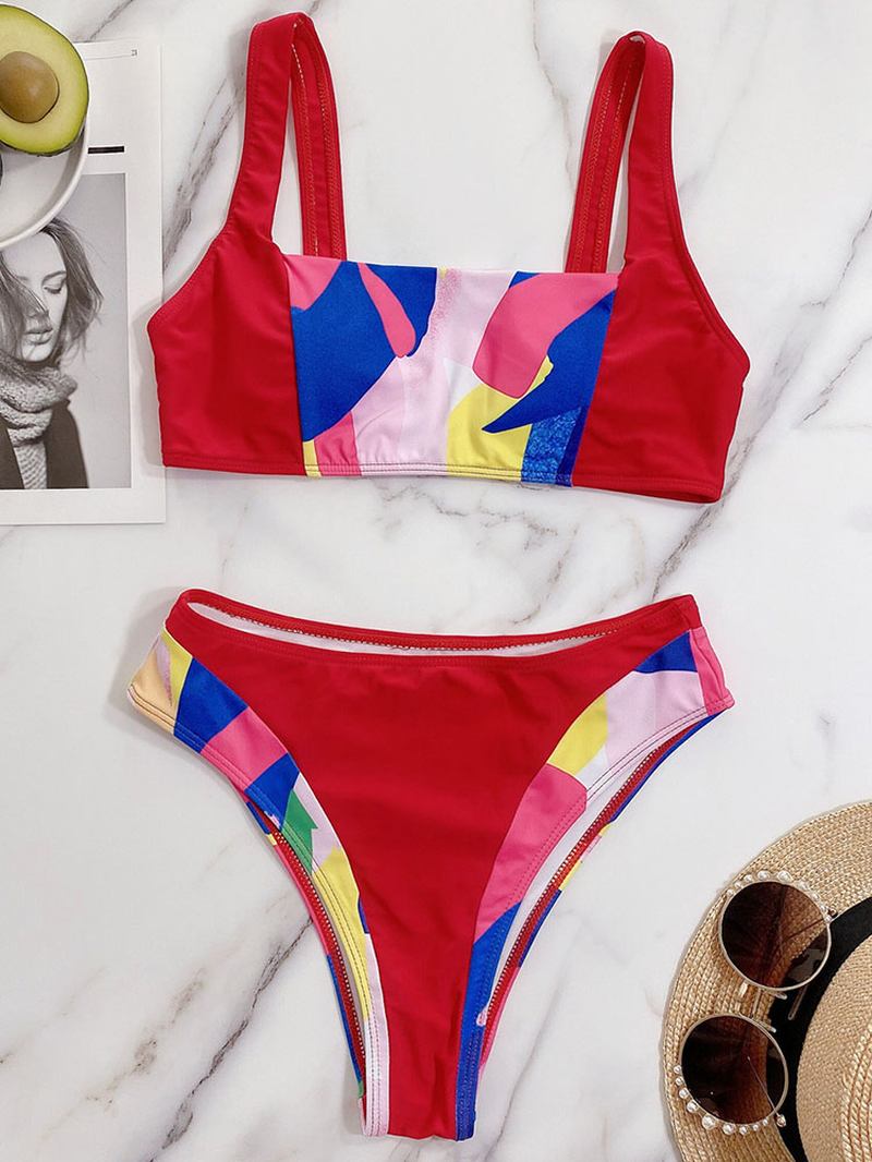 Kvinnor Oregelbunden Färg Block Med Tryck Patchwork Breda Remmar Bikinis Baddräkt