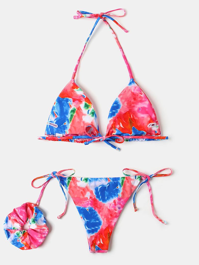 Kvinnor Tie Dye Triangel Halter String Micro Bikinis Backles Strandkläder Med Handring