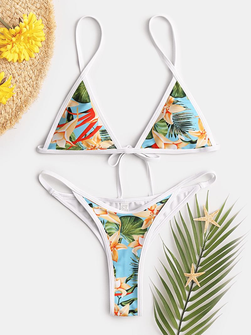 Kvinnor Tropical Med Tryck Triangel String Hot Badkläder Backless Bikini