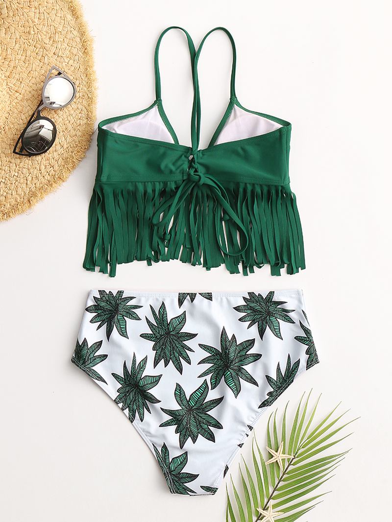 Kvinnor Tropical Plant Leaves Med Tryck Tofs Trim High Waist Bikini Bandage Hawaii Casual Badkläder