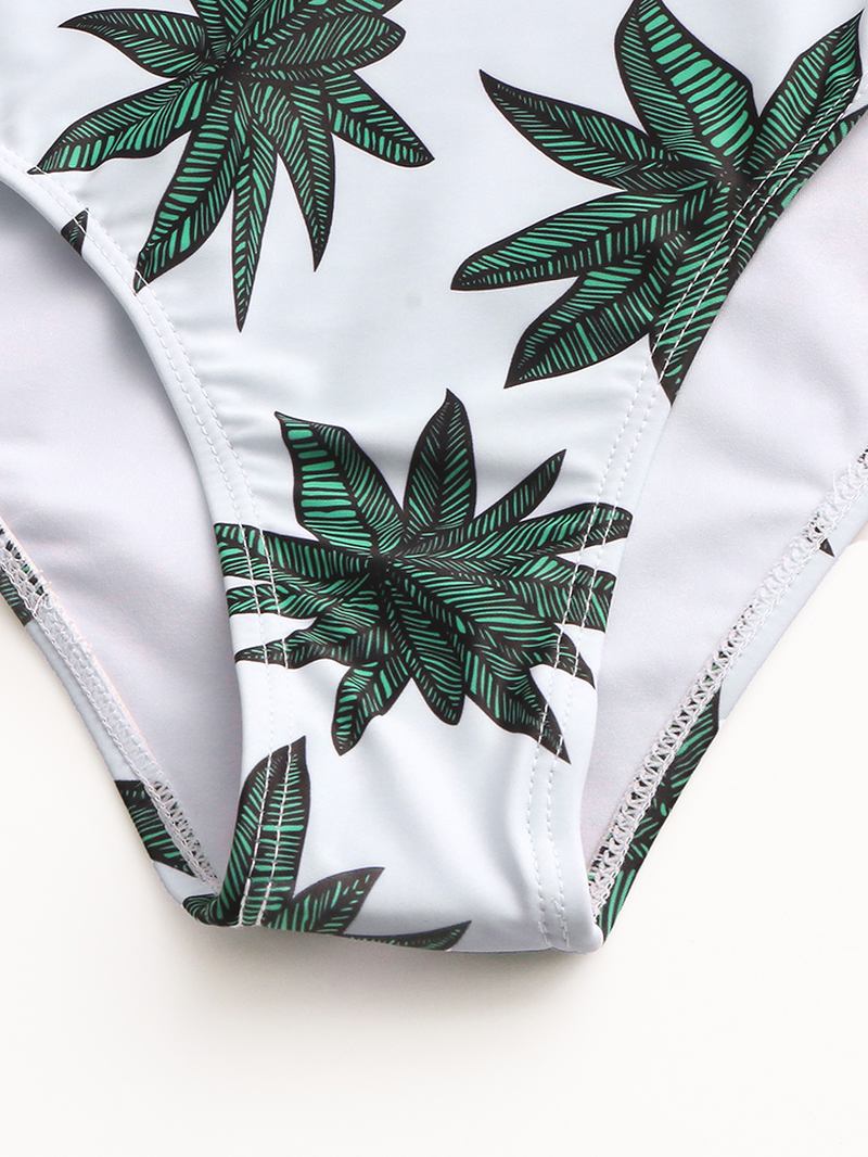 Kvinnor Tropical Plant Leaves Med Tryck Tofs Trim High Waist Bikini Bandage Hawaii Casual Badkläder