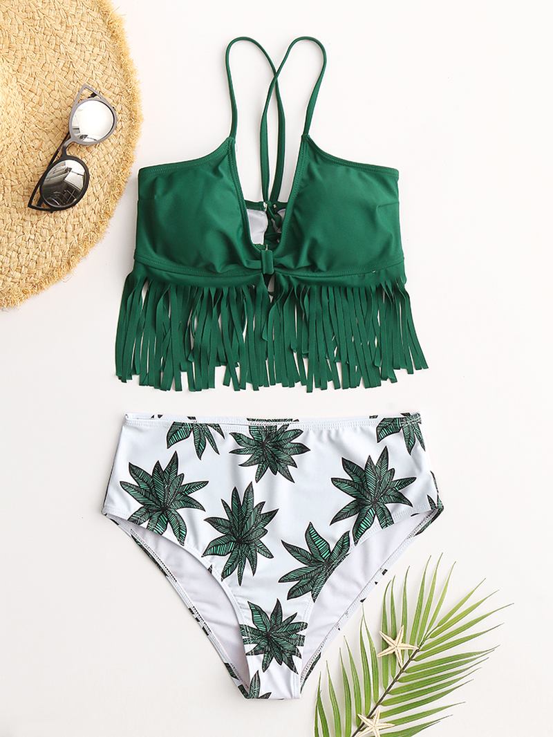 Kvinnor Tropical Plant Leaves Med Tryck Tofs Trim High Waist Bikini Bandage Hawaii Casual Badkläder