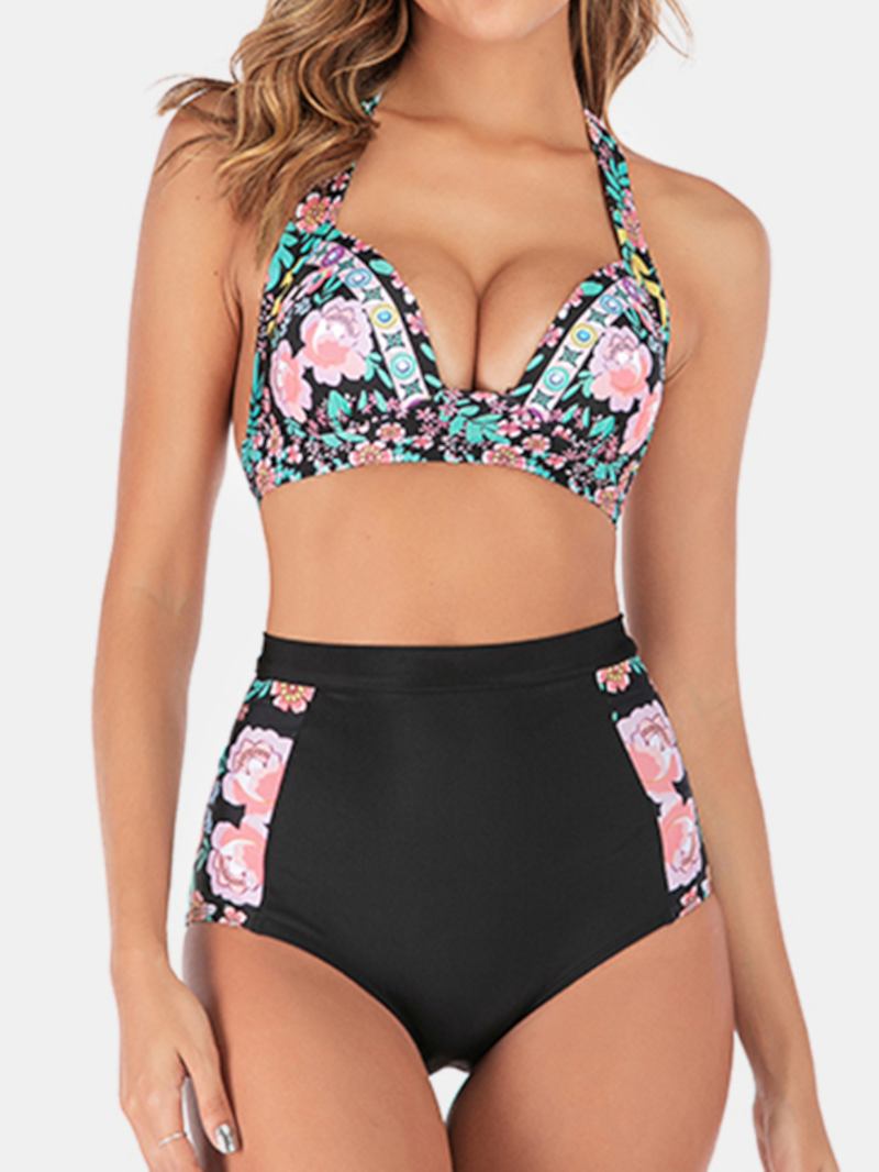 Plus Size Dam Floeal Med Tryck Patchwork High Waist Bikini Backless Badkläder