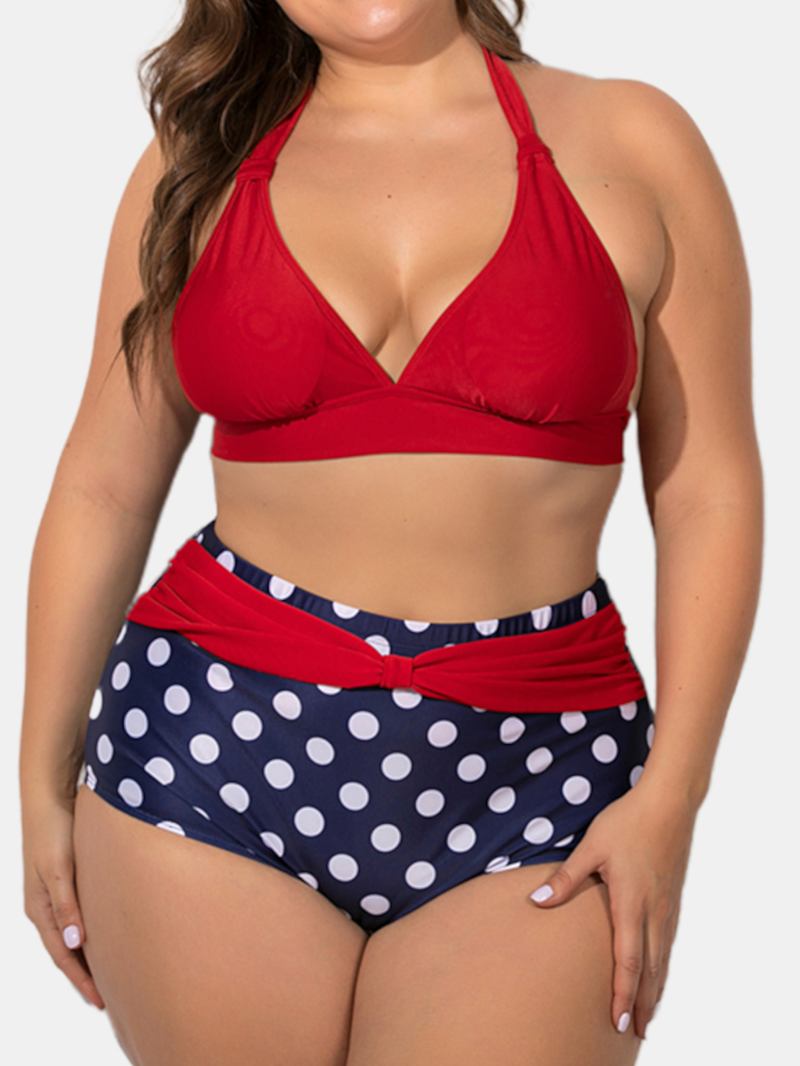 Plus Size Grimma Snörning Hög Midja Polka Dot Bottom Bikini