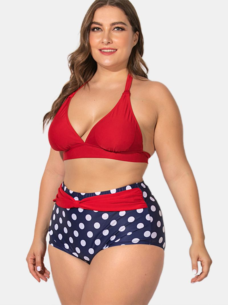 Plus Size Grimma Snörning Hög Midja Polka Dot Bottom Bikini