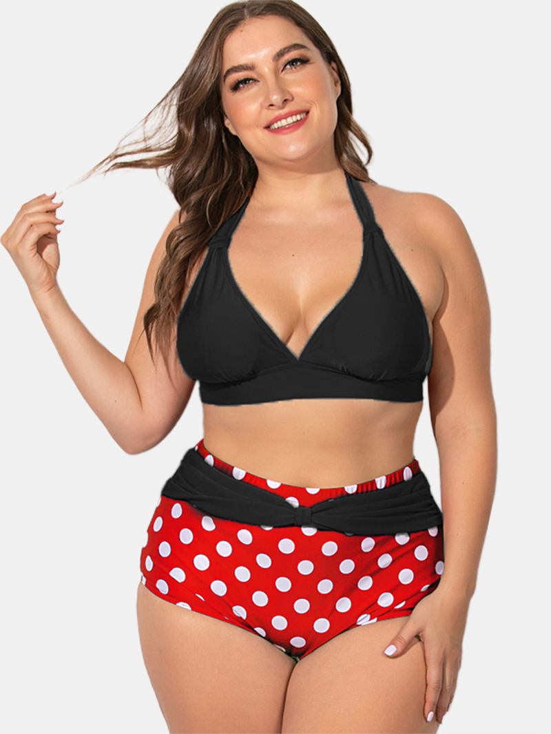 Plus Size Grimma Snörning Hög Midja Polka Dot Bottom Bikini