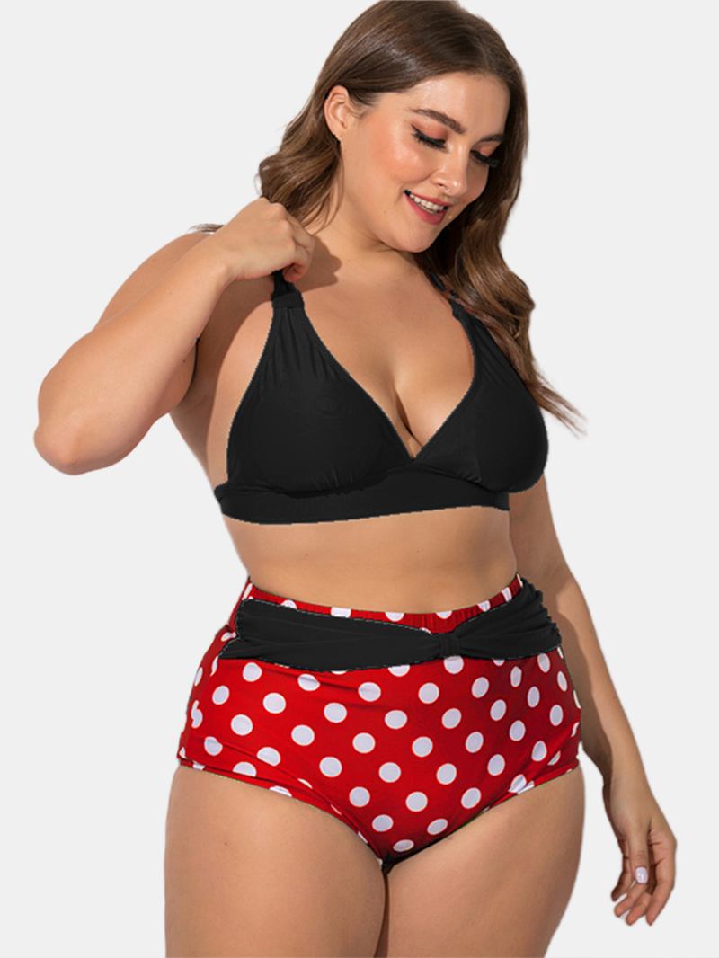 Plus Size Grimma Snörning Hög Midja Polka Dot Bottom Bikini