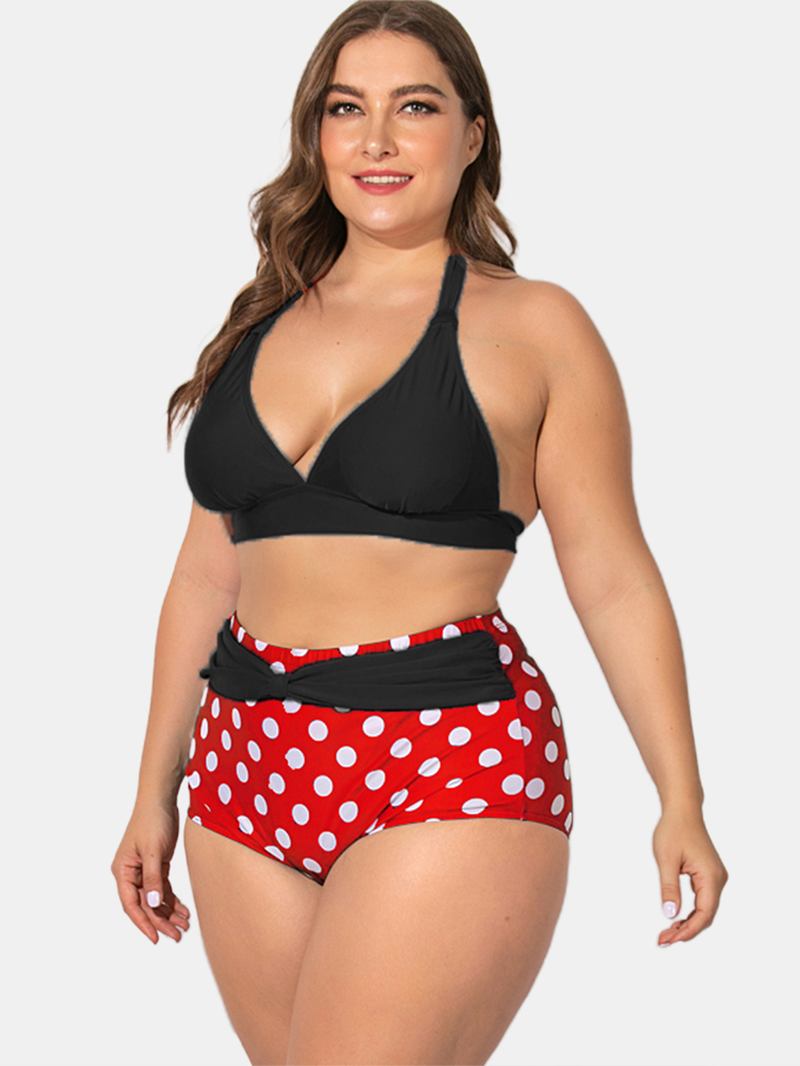 Plus Size Grimma Snörning Hög Midja Polka Dot Bottom Bikini