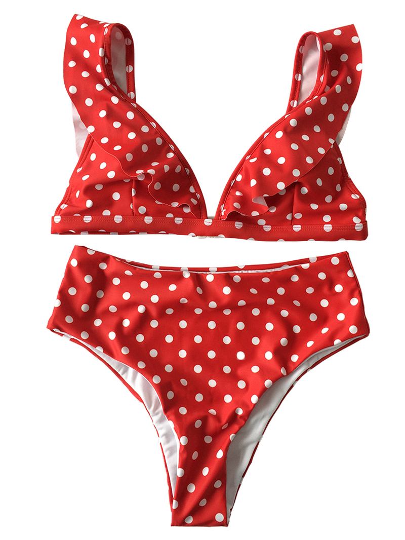 Polka Dot Volang Vadderade Toppar Hög Midja Botten Bikini Set