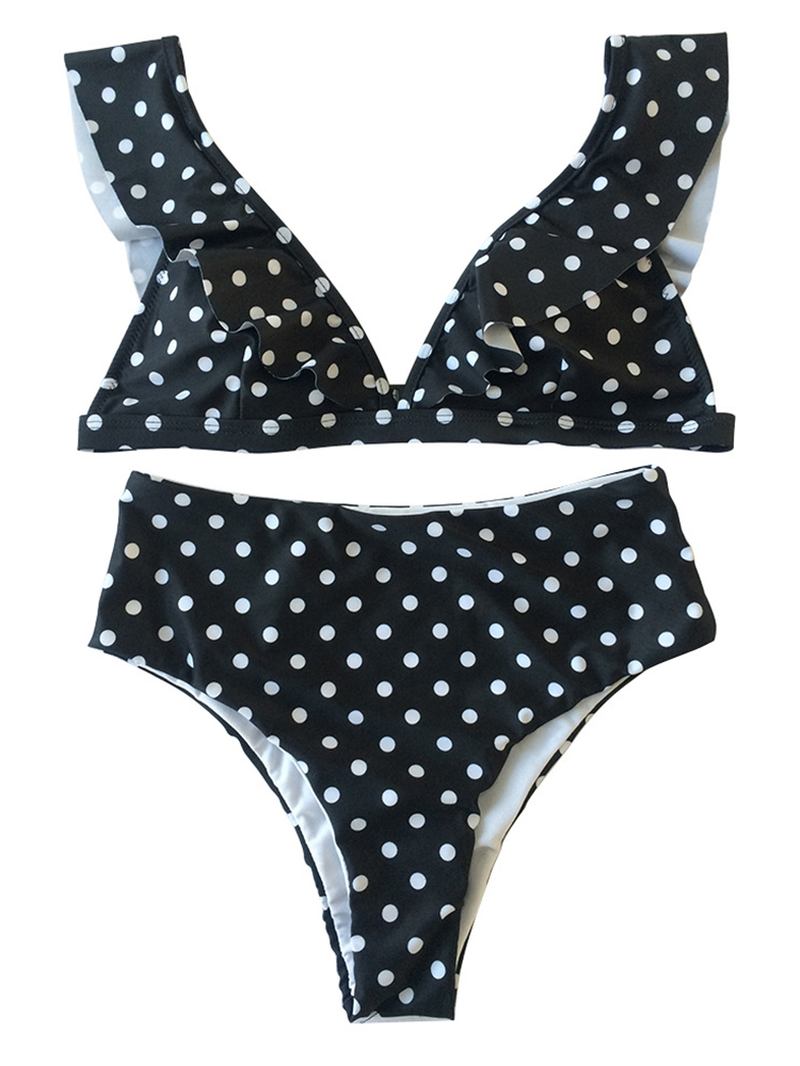 Polka Dot Volang Vadderade Toppar Hög Midja Botten Bikini Set