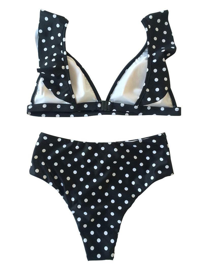 Polka Dot Volang Vadderade Toppar Hög Midja Botten Bikini Set