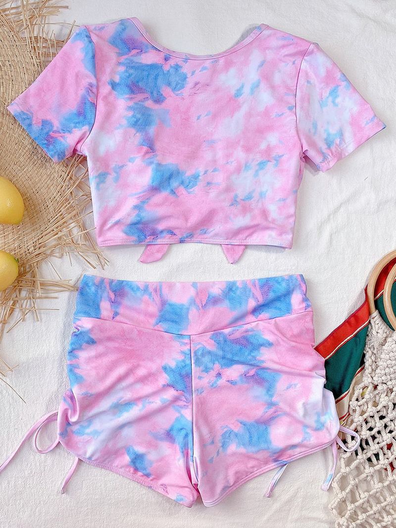 Tie Dye Kortärmad Knuten Top Side Dragsko Shorts Holiday Casual Hög Midja Kvinnor Bikini