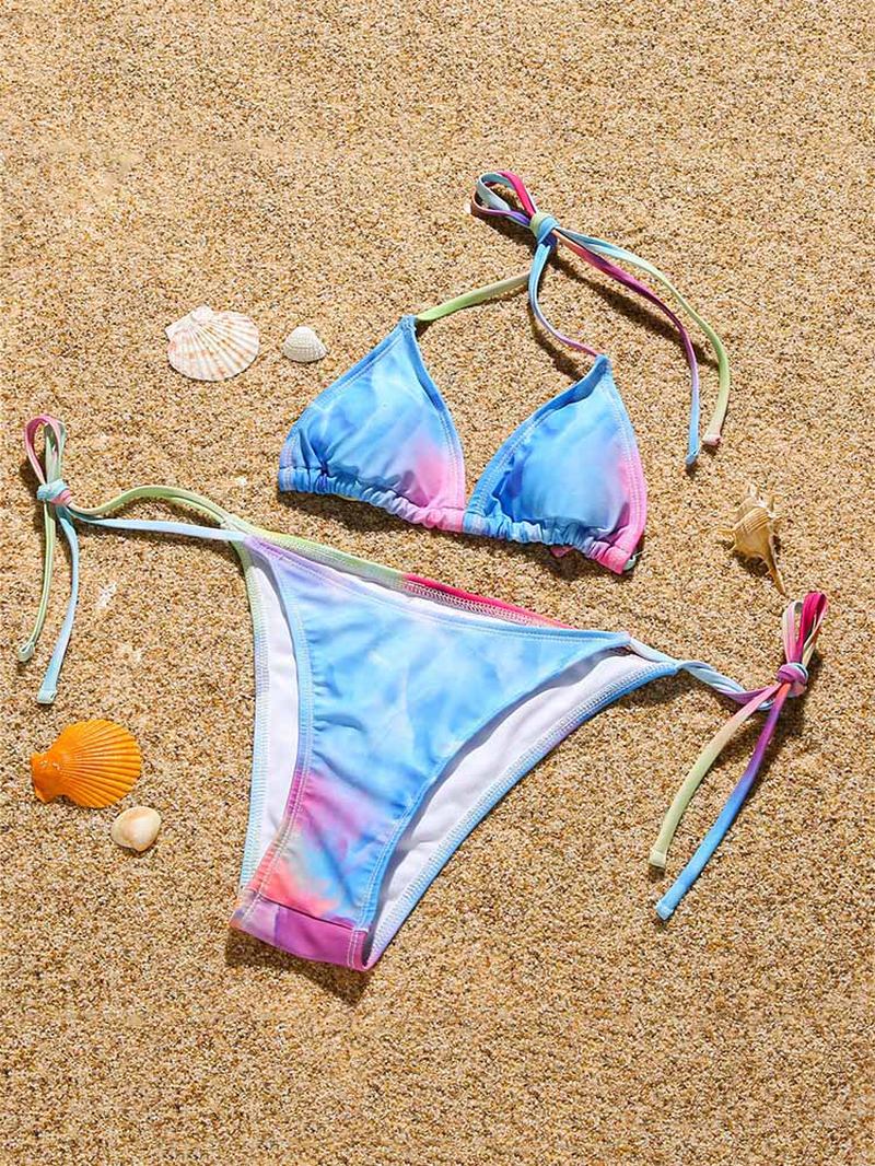 Tie Dye Med Tryck Halter String Bikini Med Långärmad Täckning I Tre Delar