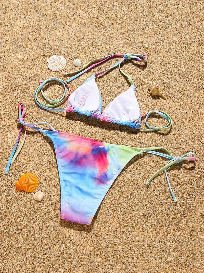 Tie Dye Med Tryck Halter String Bikini Med Långärmad Täckning I Tre Delar