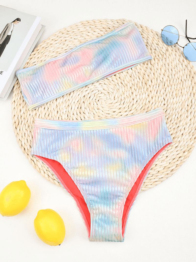 Tie Dye Med Tryck Ribbad Wireless Bandeau High Waist Bikini