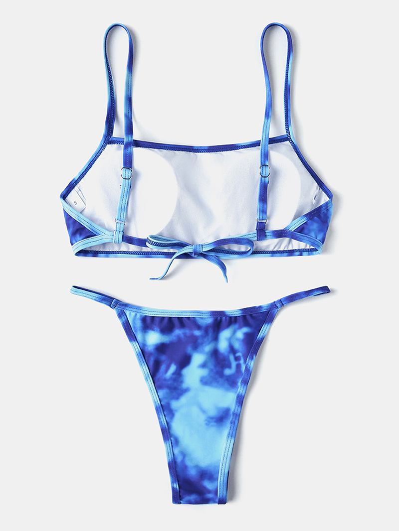 Tie Dye Med Tryck Thong Bikini Spaghetti Straps Backless Baddräkt