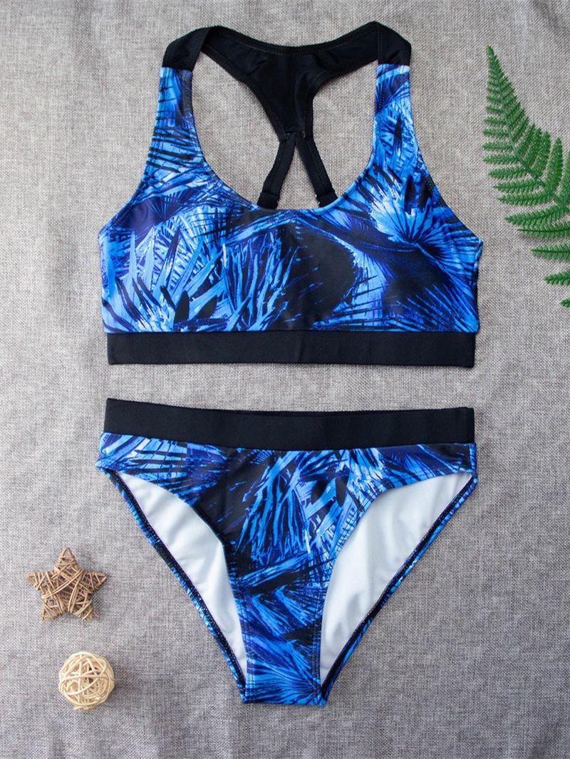 Tropical Leaf Med Tryck Criss Cross Back Breda Remmar Hög Midja Sommar Beach Bikinis Badkläder