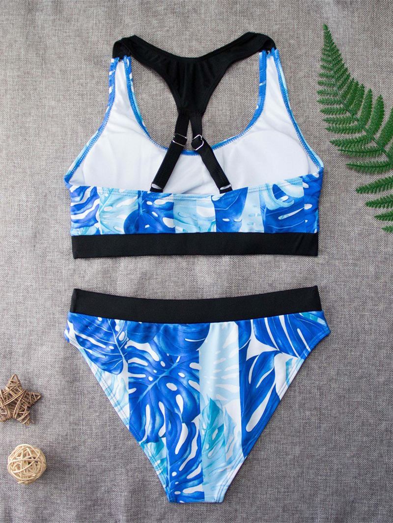 Tropical Leaf Med Tryck Criss Cross Back Breda Remmar Hög Midja Sommar Beach Bikinis Badkläder