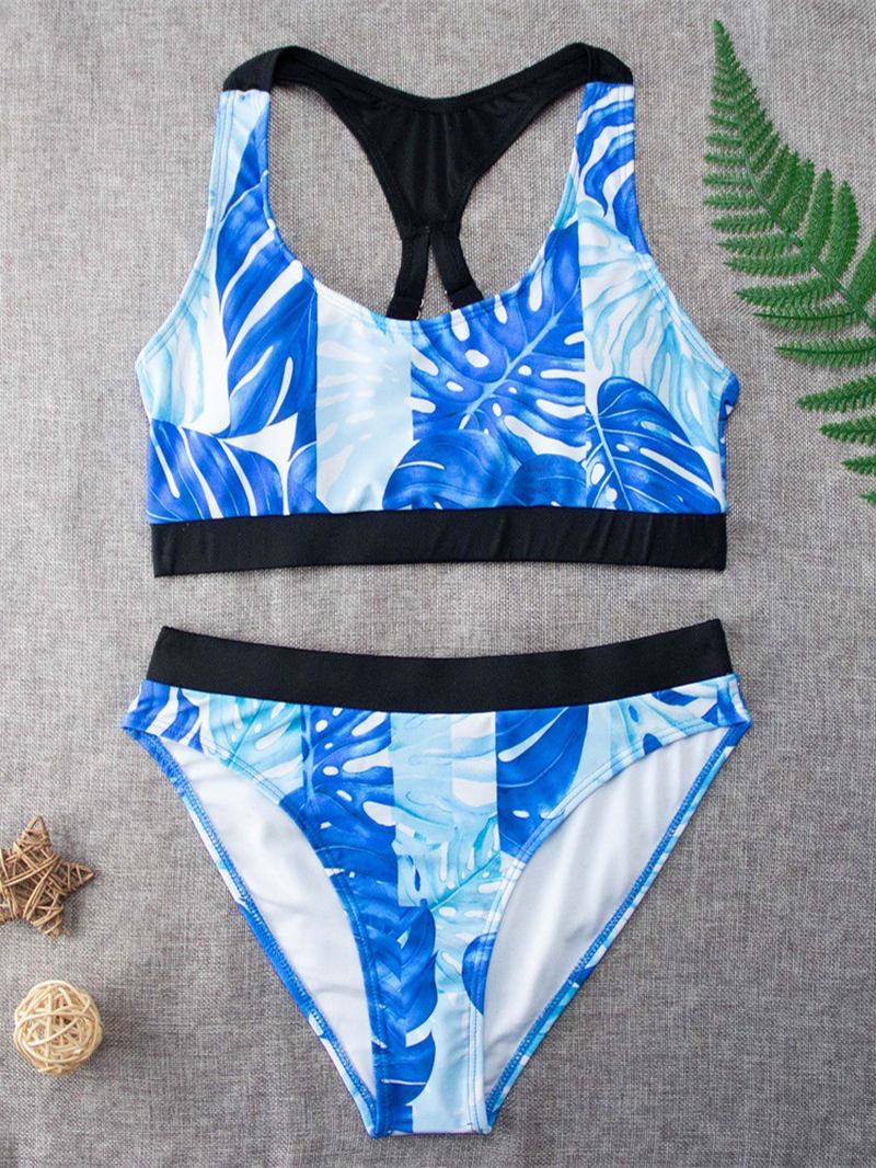 Tropical Leaf Med Tryck Criss Cross Back Breda Remmar Hög Midja Sommar Beach Bikinis Badkläder