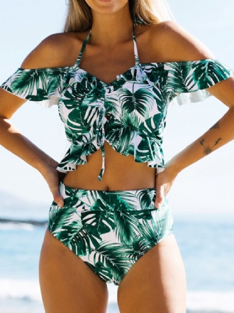 Tropical Leaf Med Tryck Grimma Volanger Trim Dragsko Hög Midja Hawaii Bikini För Kvinnor