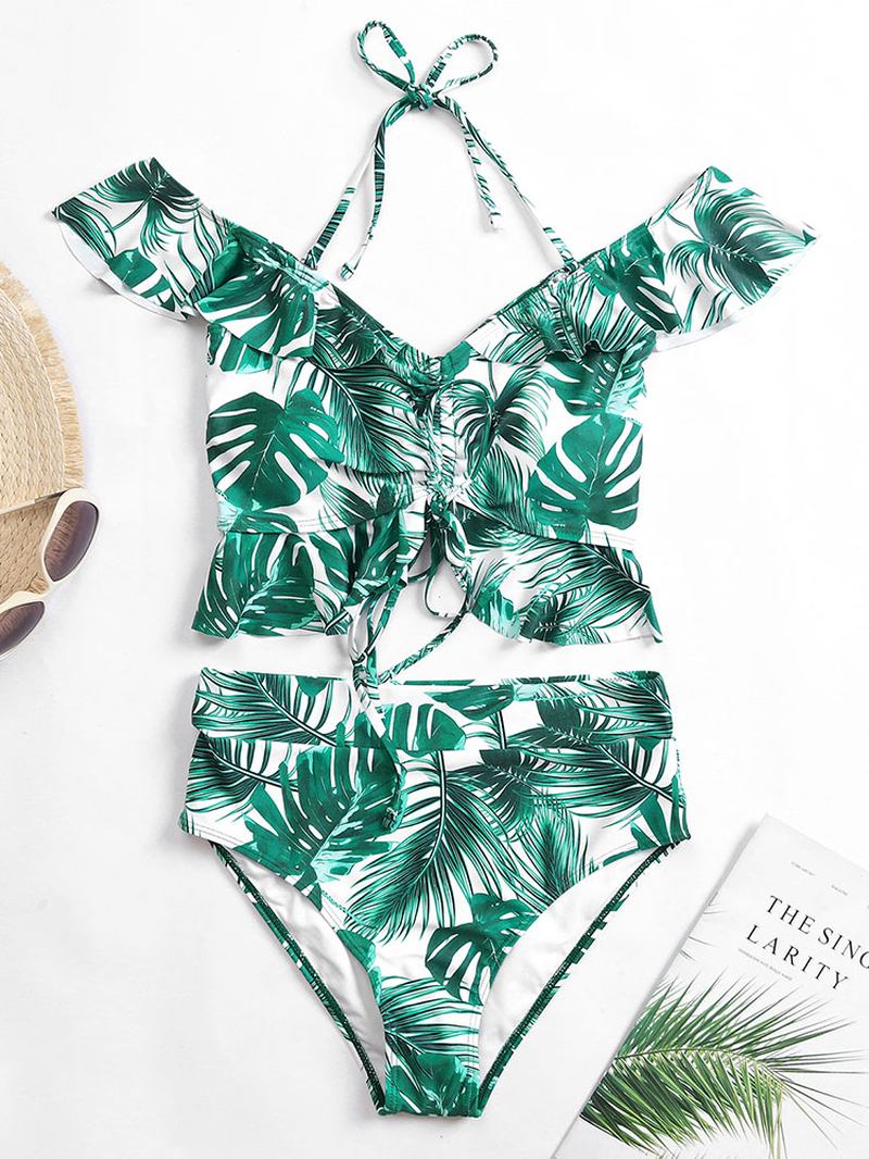 Tropical Leaf Med Tryck Grimma Volanger Trim Dragsko Hög Midja Hawaii Bikini För Kvinnor