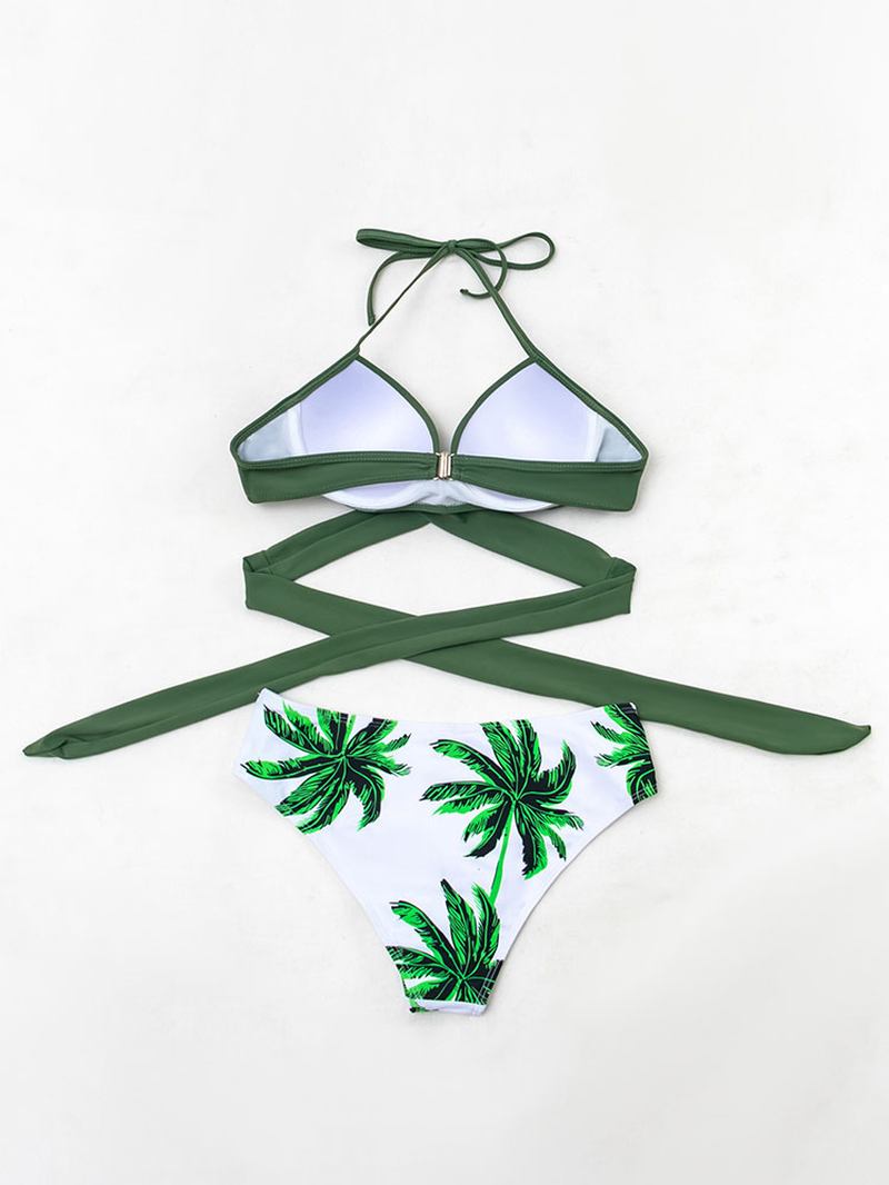 Tropical Leaf Med Tryck Halter String Bandage Hög Midja Dam Beach Bikini