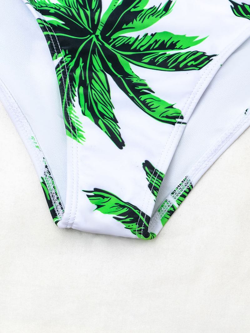 Tropical Leaf Med Tryck Halter String Bandage Hög Midja Dam Beach Bikini