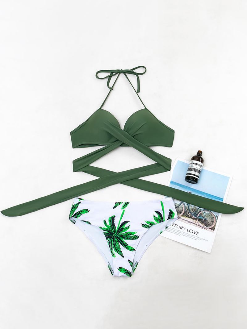 Tropical Leaf Med Tryck Halter String Bandage Hög Midja Dam Beach Bikini