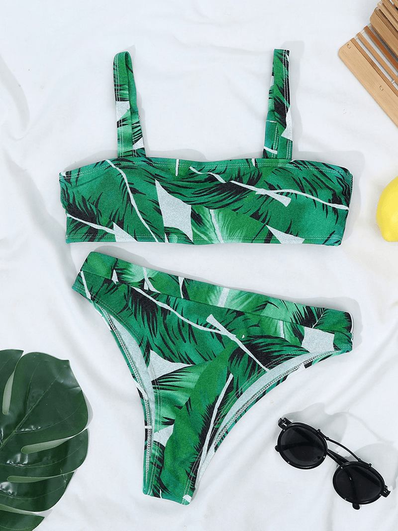 Tropical Plant Med Tryck Öppen Rygg Justerbara Remmar High Waist Beach Bikinis Baddräkt