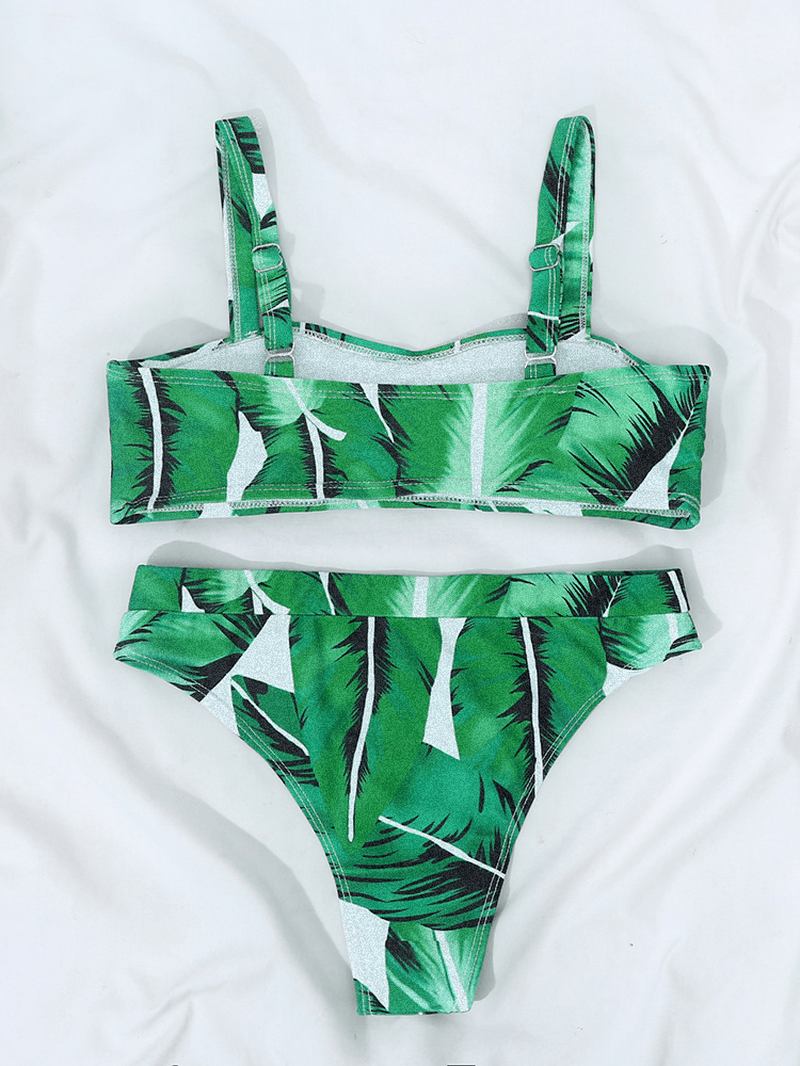 Tropical Plant Med Tryck Öppen Rygg Justerbara Remmar High Waist Beach Bikinis Baddräkt