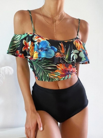 Tropical Plant Med Tryck Volanger Spaghetti Straps High Waisted Bikinis Dam Baddräkt