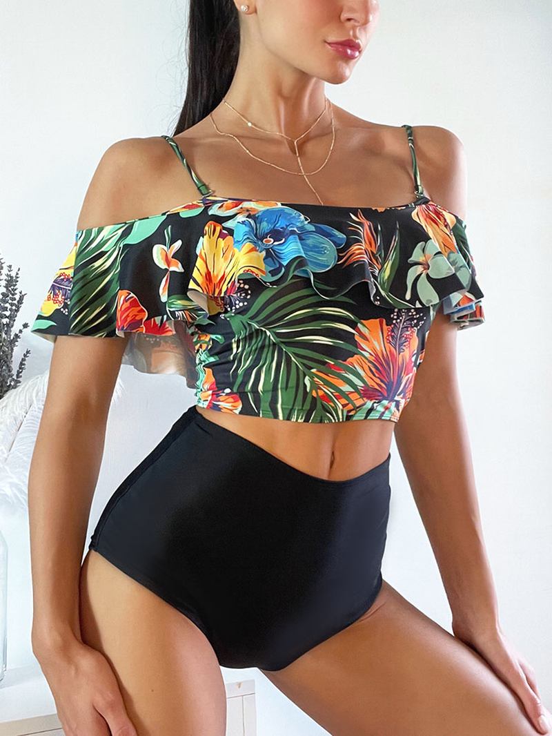 Tropical Plant Med Tryck Volanger Spaghetti Straps High Waisted Bikinis Dam Baddräkt