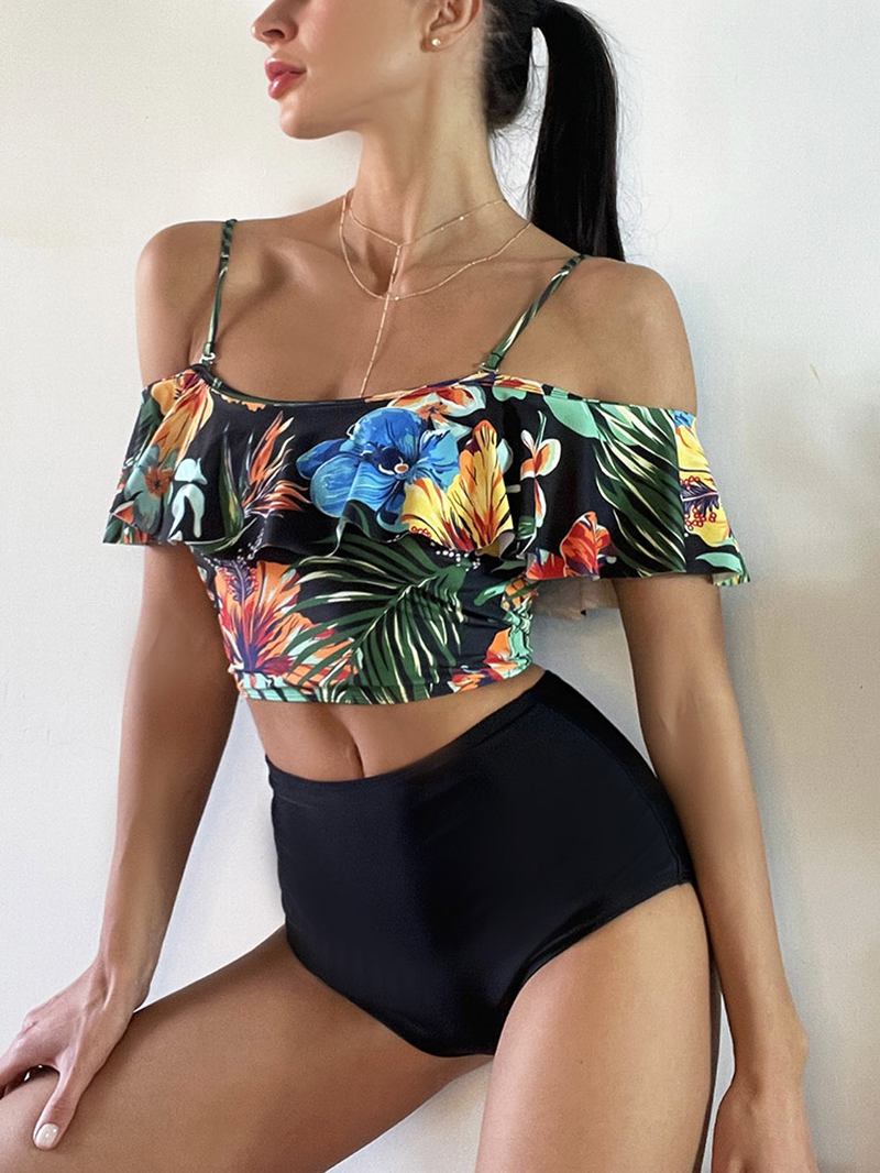 Tropical Plant Med Tryck Volanger Spaghetti Straps High Waisted Bikinis Dam Baddräkt